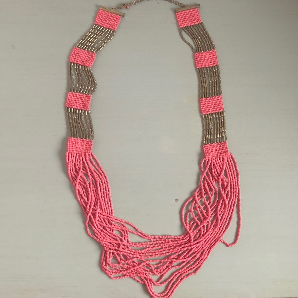 Long Pink & Gold Beaded Necklace